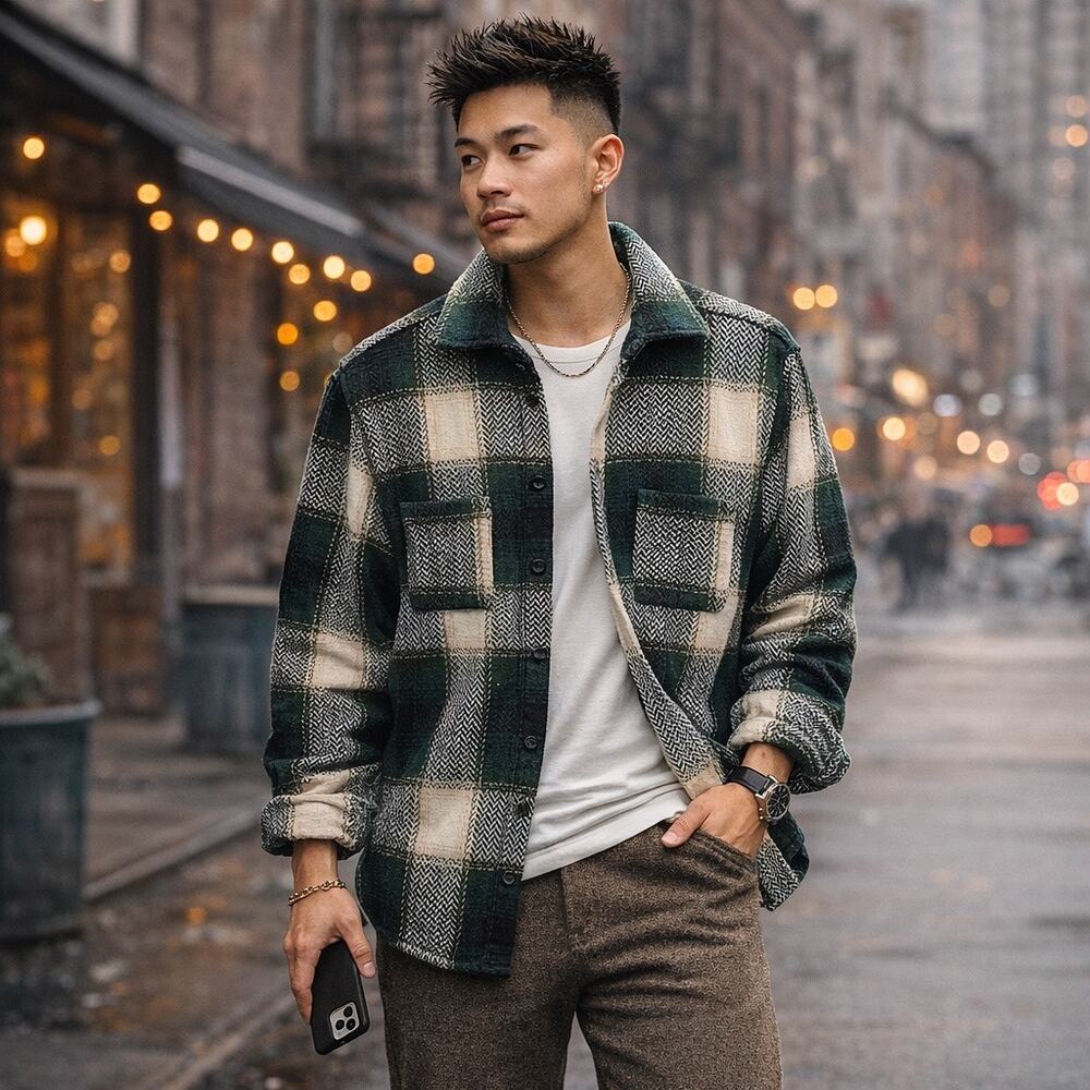 Richie Le Plaid Wool Blend Shirt Jacket Green Herringbone Flannel Size S NWT
